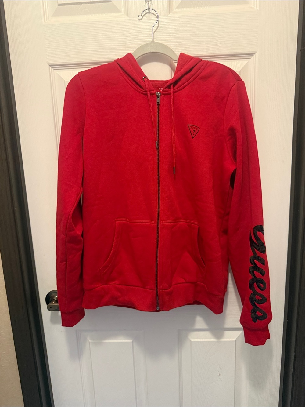 Guess Red Zip Front Hoodie Jacket for Kids with Script Sleeve